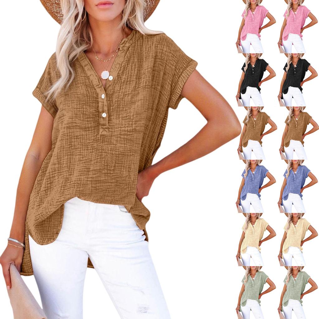Women V Neck Button Short Sleeve Pullover Blouse Casual Loose Fit Lightweight T Shirt Top for Daily Wear