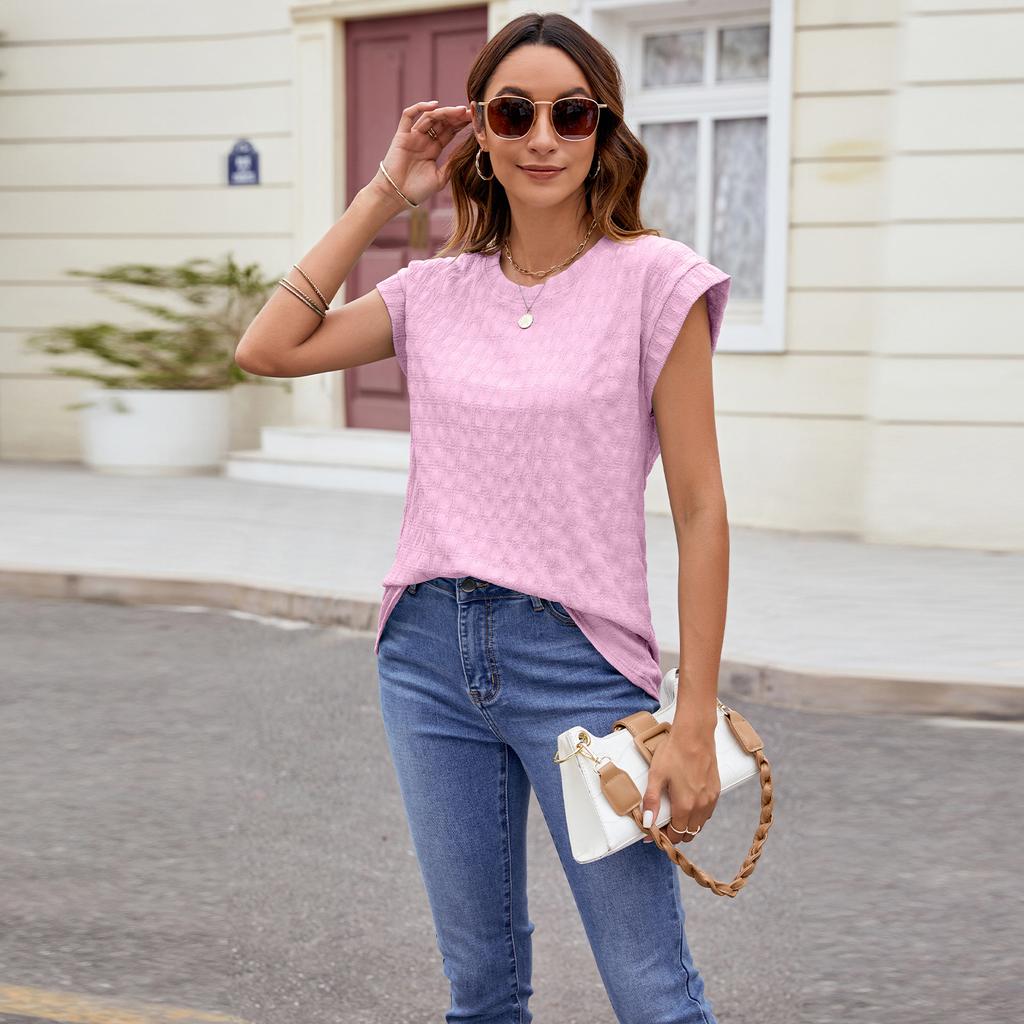 Damenmode, lässig, Sommer, Frühling, einfarbig, bedruckt, kurzärmelig, O-Ausschnitt, Blusen und Hemden