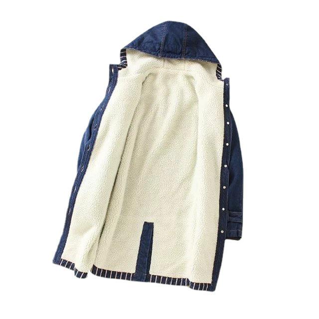 Women's Plus Size Hooded Denim Cotton Coat with Fleece Lining - Korean Style, Mid-Length, for Autumn and Winter.