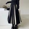 Women Contrast Color Midi Knit Skirts Loose Casual Elastic Waist Pleated Sweater Skirts
