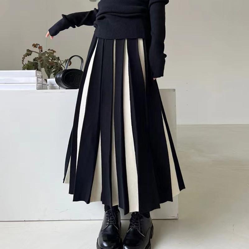 Women Contrast Color Midi Knit Skirts Loose Casual Elastic Waist Pleated Sweater Skirts