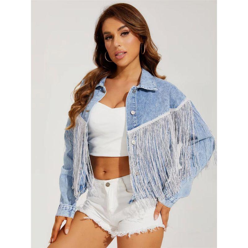 

Новая осенняя женская одежда Модный стиль Короткий Длинный рукав Джинсовая куртка Модная бахрома Лацкан Жареная цветочная джинсовая куртка Джинсовое пальто Light blue XL