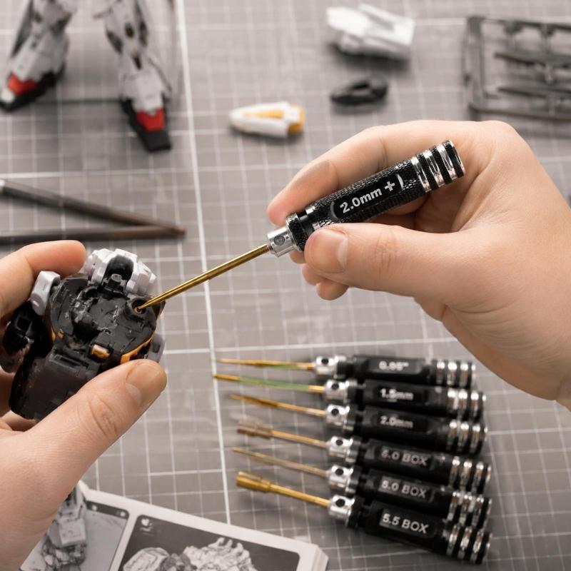 7-Piece Model Screwdriver and Nut Tool Set with Knurled Metal Grips and Size Labels for Scale-Model Assembly, Adjustment, and Maintenance Tasks