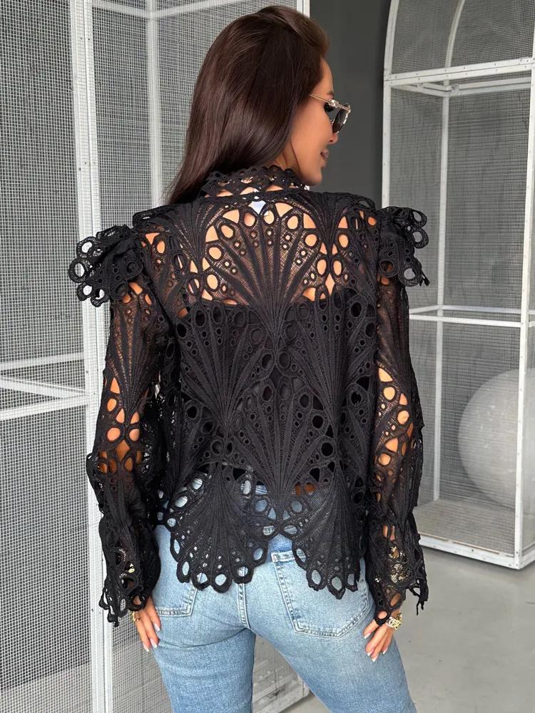 Retro Shirt For Women, Design Sense, Hollow Ruffled Long Sleeves, Temperament, Fashionable Stand Collar Shirt