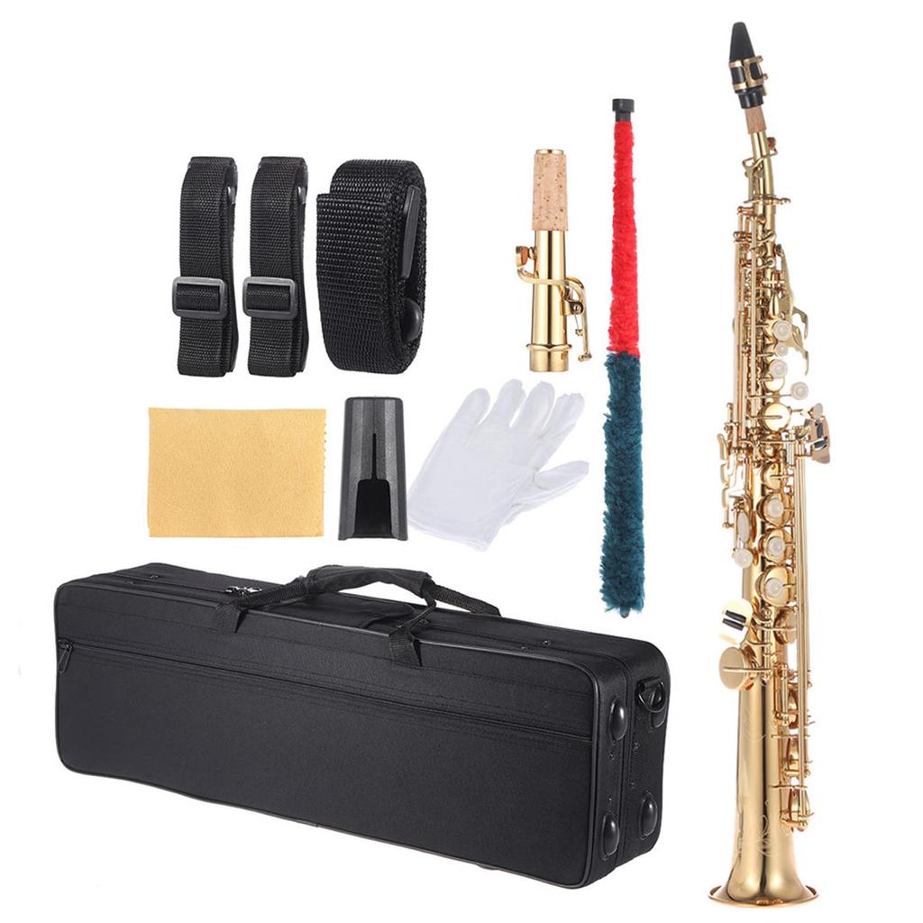 Btuty Messing Gerades Sopransaxophon Bb B-Dur Holzblasinstrument mit Naturmuscheltastenbogen Tragen Reinigung und Reinigungsstab Muster, Koffer,