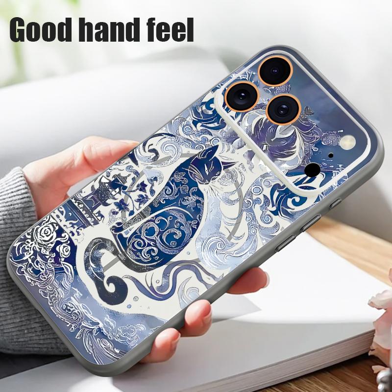 Blue Ink Cat Magnetic Phone Case For iPhone 17 Pro Max 16 15 14 13 Pro Max For Magsafe Wireless Charge Matte Hard PC Back Cover