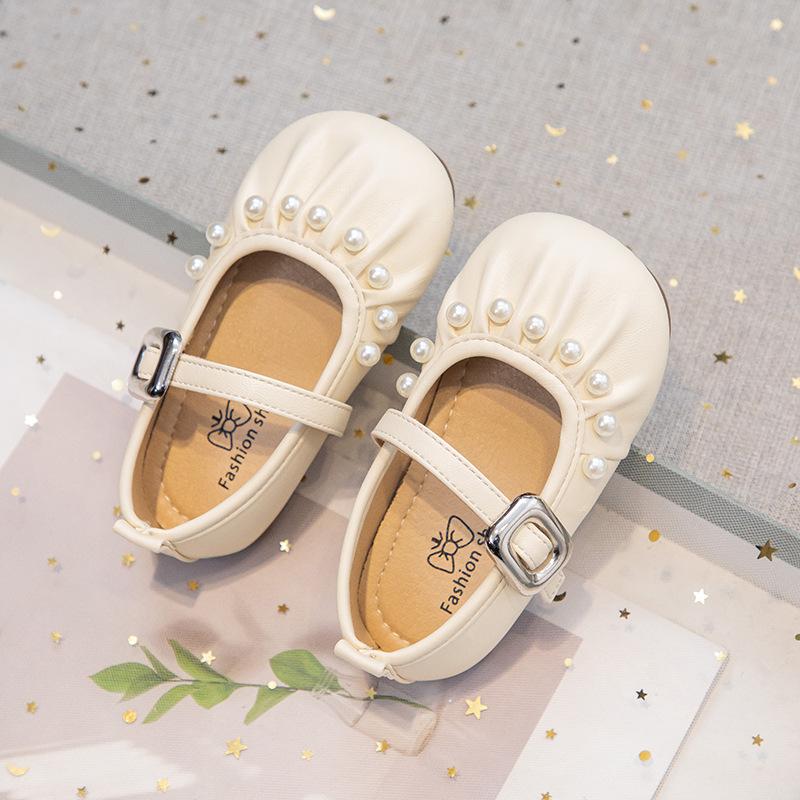 Girls' Pearl Princess Shoes, New Spring Korean Style Fashionable Versatile Children's Single Shoes, Solid Color Small Leather Shoes for Performances