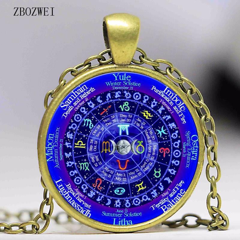 

Цельный набор из двенадцати кулонов-подвесок с символами зодиака Викка, пентаграмма Викка, ретро-цепочка, аксессуары для женской одежды Bronze