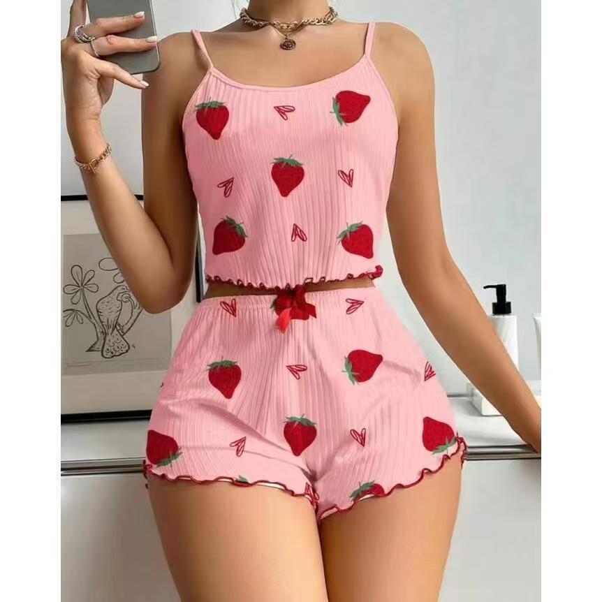 European and American Strawberry Love Printing Pit Strip Set Suspender Shorts Two-piece Set Women's Loungewear
