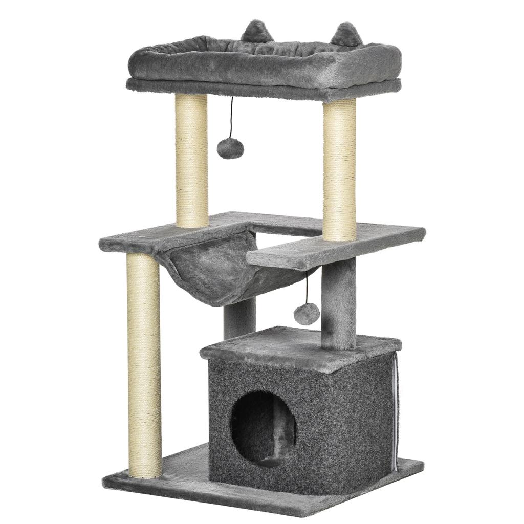 Cat Tree with Sisal Ropes, House and Hammock, Plush and Felt Cover, Height 100cm, Grey