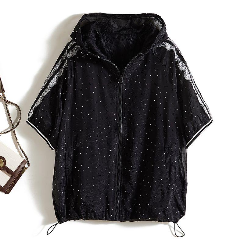 

US Export Order! Women Hood Organza Fake Two-Piece Drawstring Short sleeve Sun Protection Clothing Summer Hoodie Outerwear Strong Push Black XL