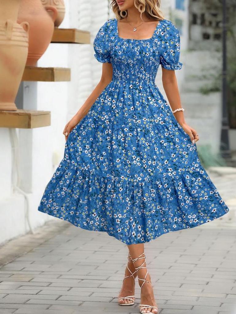 Floral Square Collar Ruched Waist Bubble Sleeve Layered Dress Sweet Style Dress