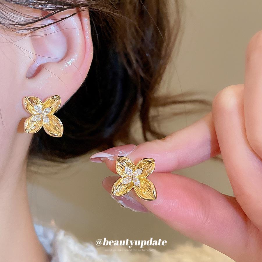 14k Gold Plated Zircon Flower Stud Earrings - Minimalist High-End Design for Women