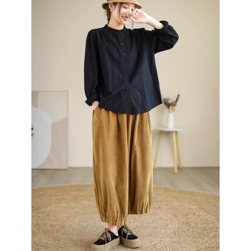 Women's Retro Cotton Linen Embroidered Ruffled Hem Shirt