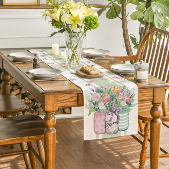 Floral Table Runner Spring Summer Linen Watercolor Flowers Plants Table Runner Machine Washable Table Protector for Home Farmhouse Dinner Party