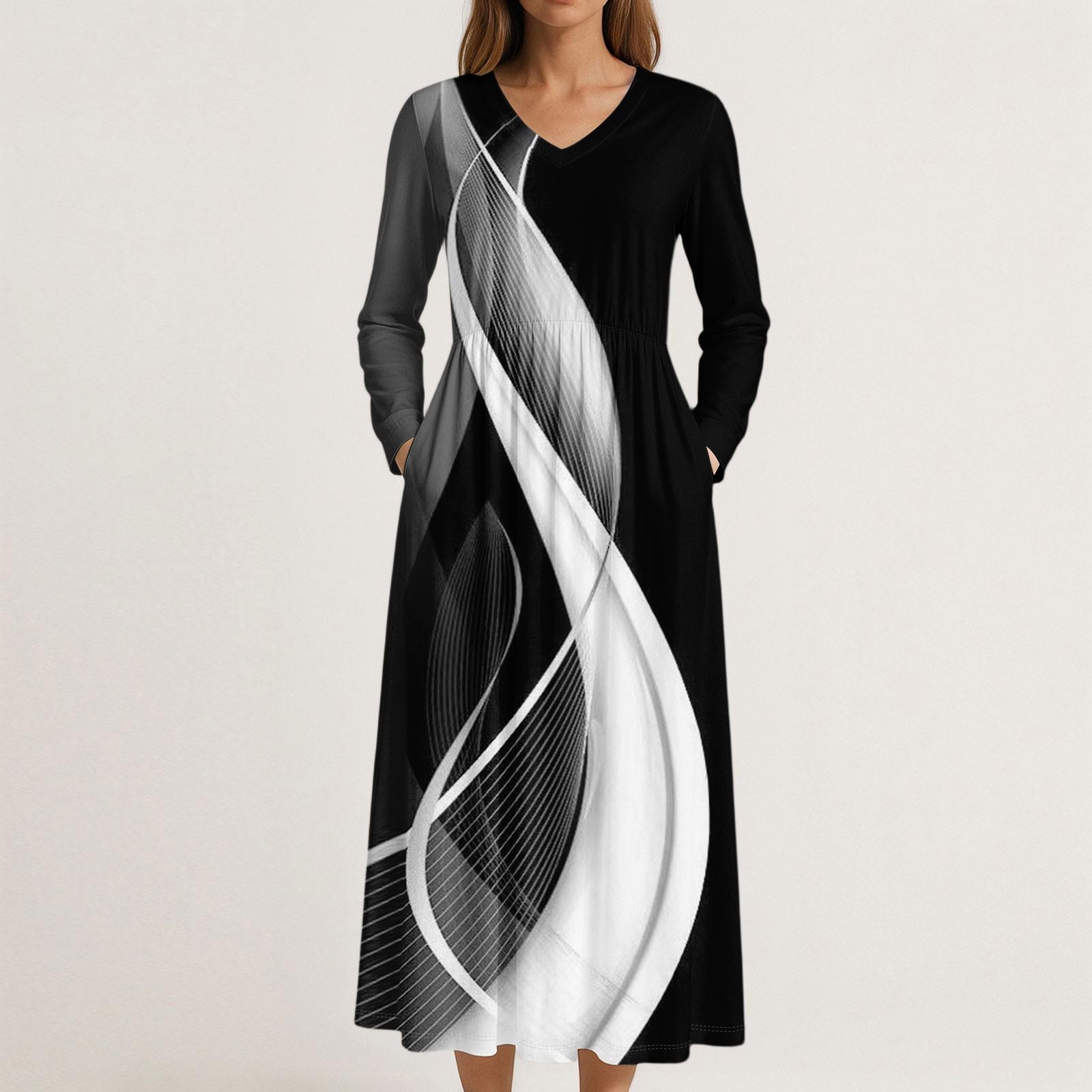 

Платье для женщин длинное бохо пляжное платье элегантное макси-платье V-образный вырез длинный рукав платье с карманами S чёрный