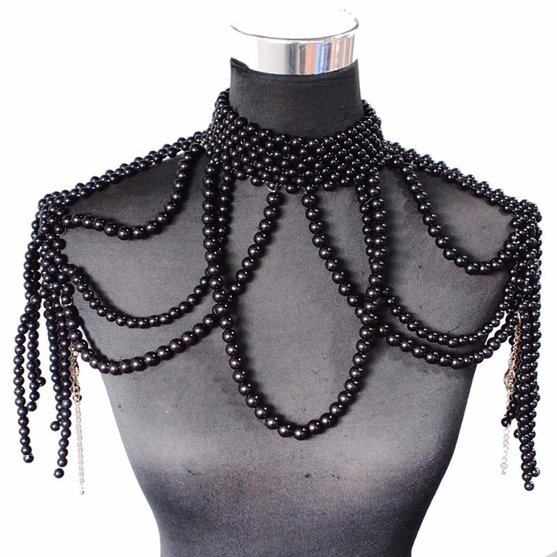 

Fashion Pearl Shoulder Chain Jewelry Wedding Party Big Necklace Sweater Chain Shoulder Chain Wedding Accessories Gift for Women чорний