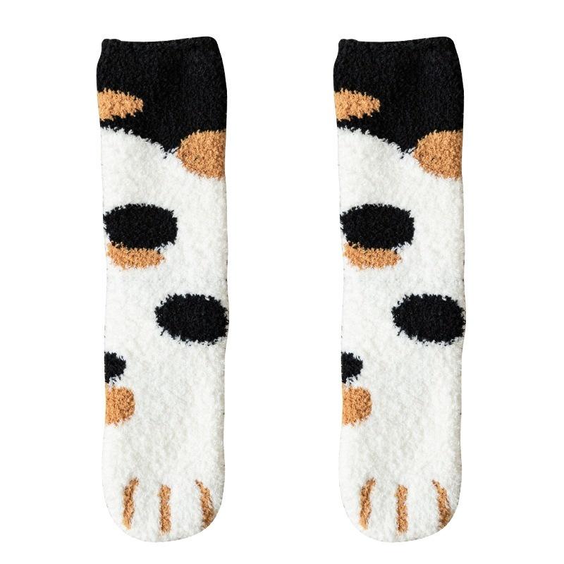Autumn and Winter Coral Fleece Socks Women's Sleeping Mid-tube Socks Cute Cat's Claw Socks Thickened Warm Sweet Floor Socks