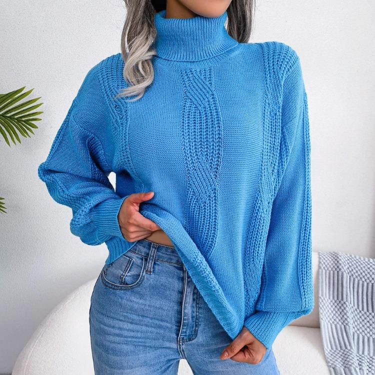 Women Autumn Winter Fashion High Neck Knitwear Top Lantern Sleeve Fried Dough Twist Sweater Bottoming