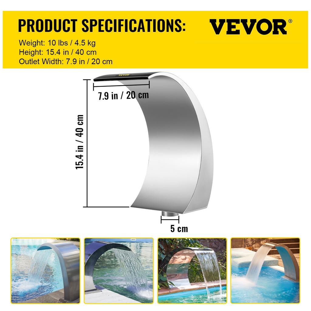 VEVOR Pool Waterfall Fountain Stainless Steel Fountain 15.4\" x 7.9\" x 1.5\" Silver Pool Fountains for Ground Pools Garden Outdoor Waterfalls Sheer