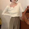 Fashion Square Collar Inner Knitted Pullover Bottoming Sweater Autumn Winter Slim Fit Office Loose Tops Knitwear V Neck Solid Basic Sweet Clothing
