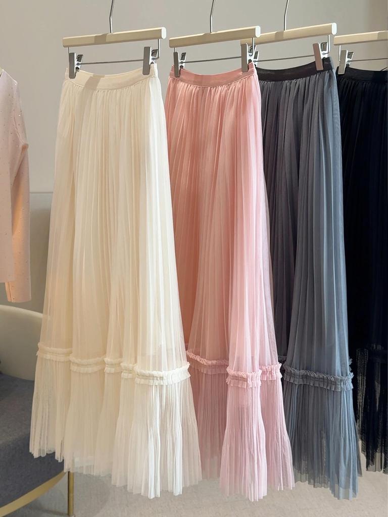 Korean-Inspired Sweet Mesh Skirt for Women - 2026 Spring Collection, Elastic High Waist, A-Line Pleated Design