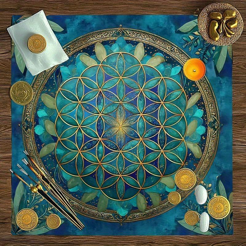 Sacred Geometry Flower of Life Tarot Tablecloth Sun Moon Starry Sky Divination Mat Golden Universe Altar Cloth