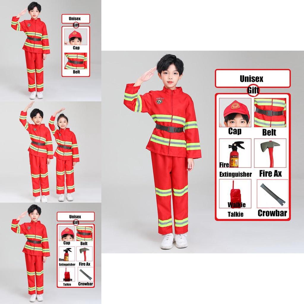 Dziecięcy strój strażaka do przebierania czerwony poliestrowy zestaw kostiumowy strażaka z paskiem i czapką z daszkiem