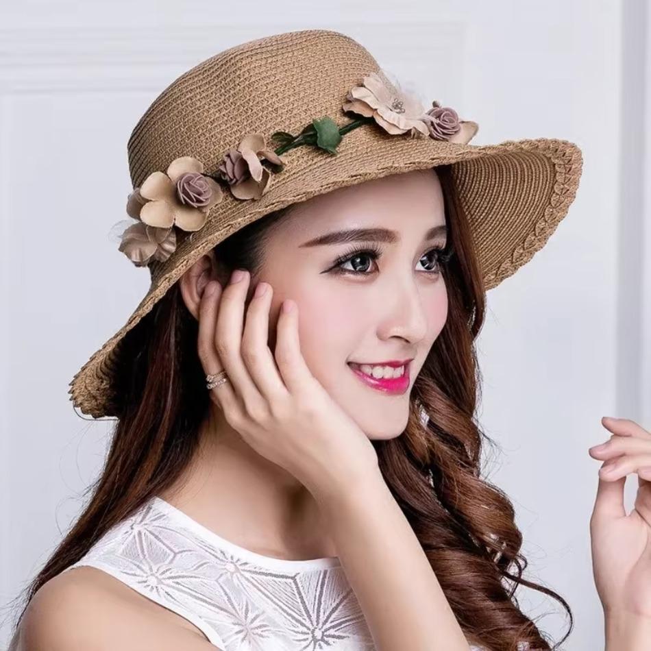 1 Pcs Wreath StrawHat Summer Sun Ladies Elegant Hat Female Vintage Hats Straw Beach Hat Flower String Woman Sunshade Caps