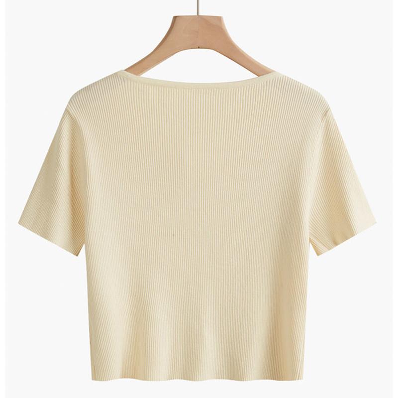 V-neck Short-sleeved Knitted Cardigan Thin T-shirt Women's Slim Short Tops