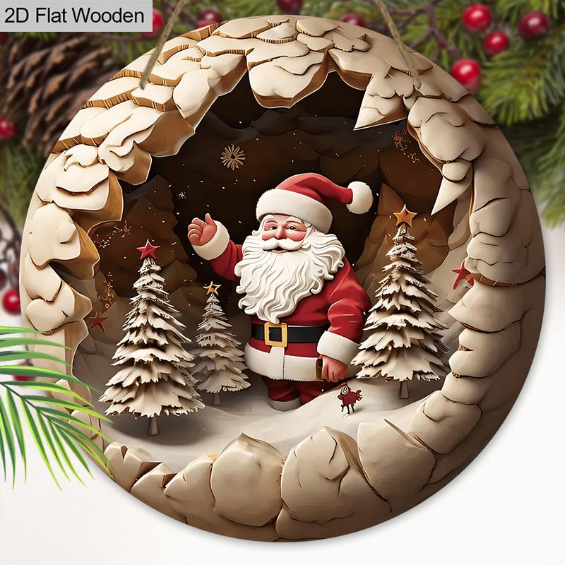 Wooden Christmas Sign with Santa Claus Pattern - Navidad Round Sign for Christmas Tree, Front Door, Wall Decor - Ideal Christmas Decoration