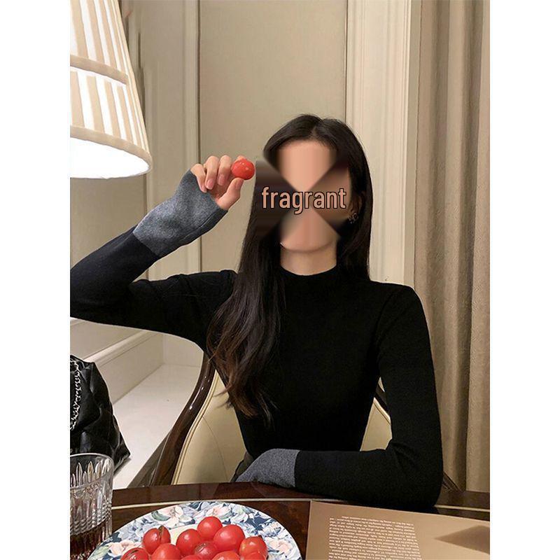 Women's Super Soft Color Block Knitted Turtleneck T-Shirt - Trendy, High-End Autumn/Winter Layer