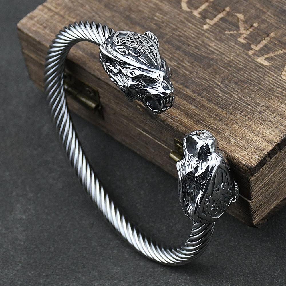 Pulseira Viking de Lobo em Aço Inoxidável Masculina com Amuleto de Pata de Urso Geri Freki para Presente Masculino