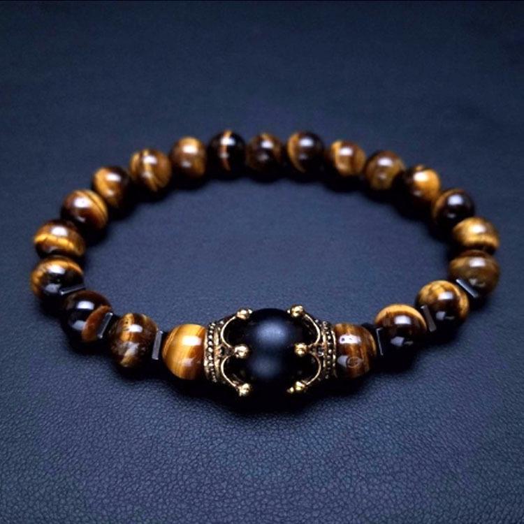 Introducing: Elegant Tiger Eye Stone Big Crown Bracelet with Agate Frosted Beads - European and American Fashion Statement Jewelry.