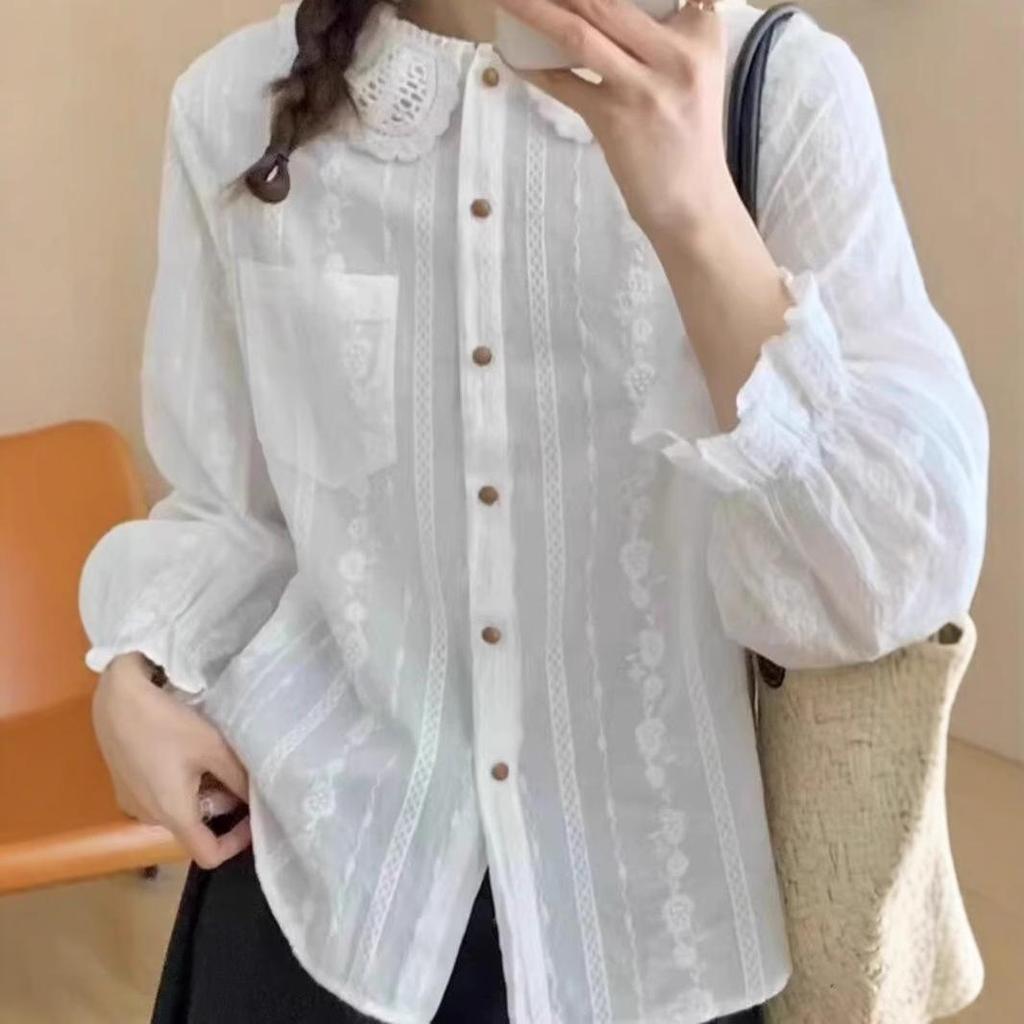 Women's Lace Peter Pan Collar Blouse - Spring 2025: Korean Style, Jacquard Embroidery, Long Sleeves, Loose Fit
