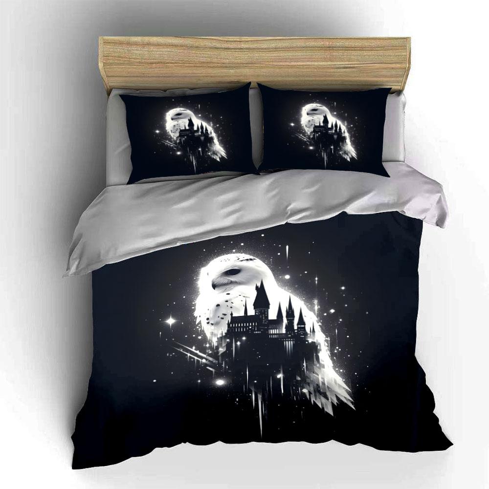 White Owl and Magical Castle Print Bedding Set 1 Duvet Cover 2 Pillowcases for Adult and Children Luxury Gift Full Size