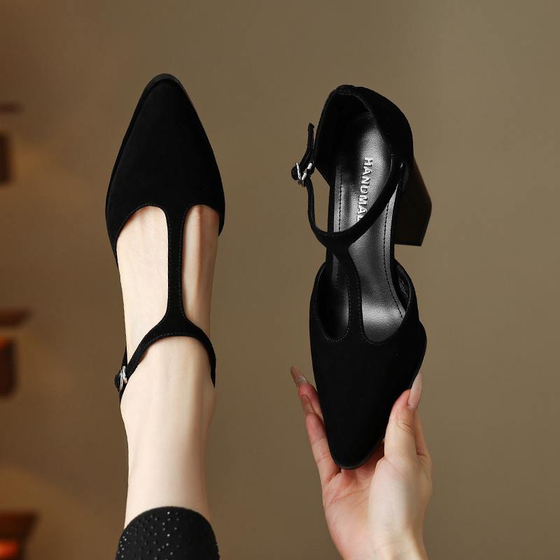 Krazing Pot Sheepskin Suede Round Toe Size 41 Thick High Heels Buckle Office Lady Gladiator Autumn Pumps