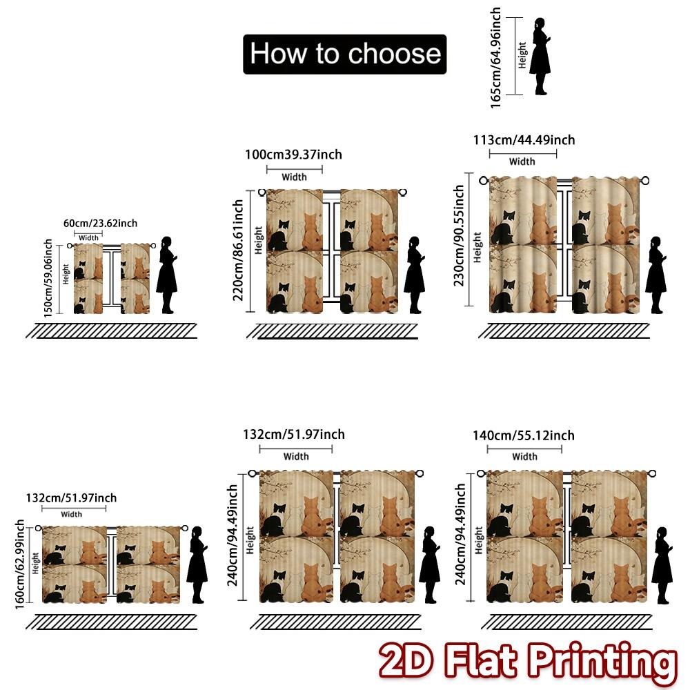 2D FLAT PRINTING 2pcs Curtains (Without Rod) Cats Watching Cherry Blossoms Popular Curtains Digital Printed Versatile Polyester