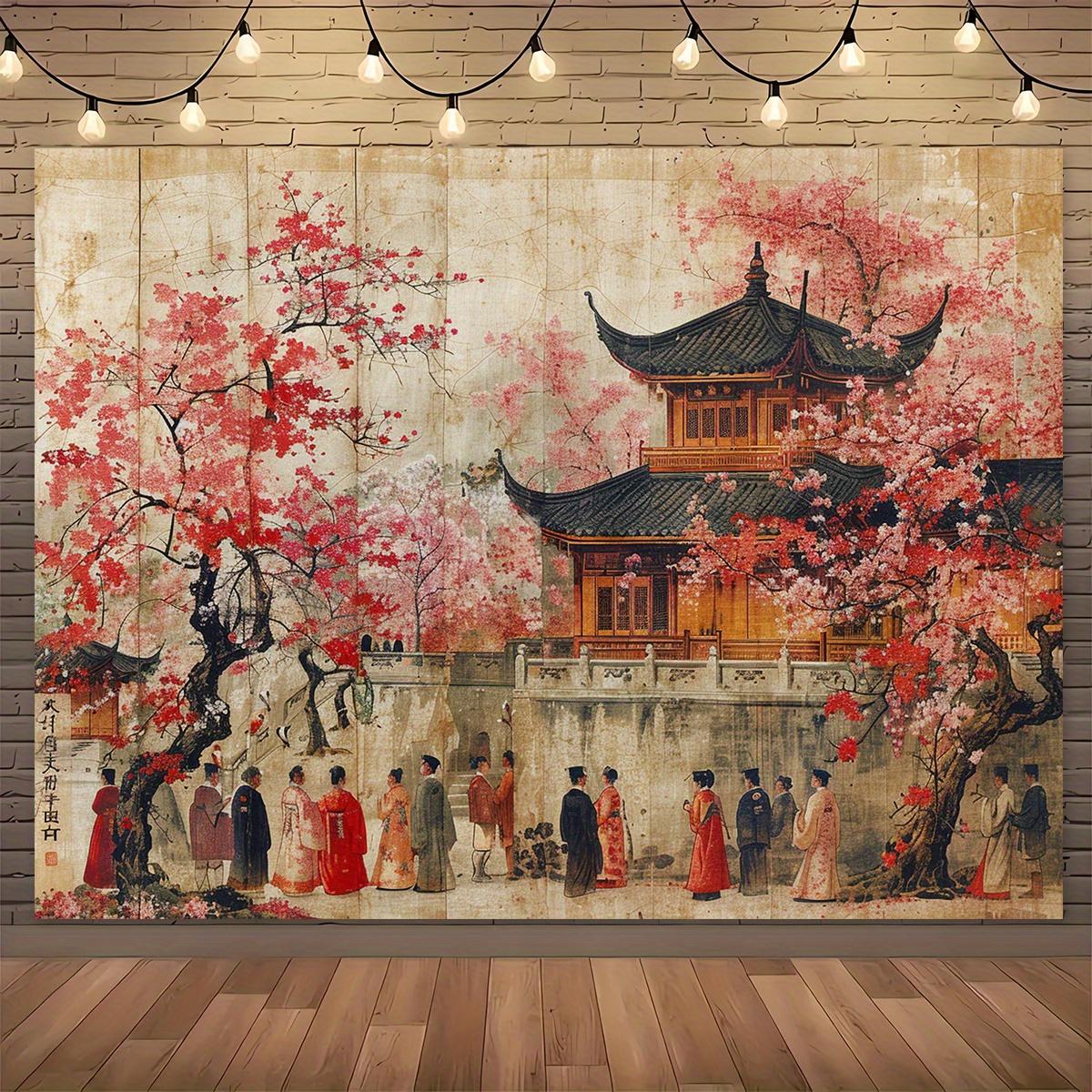 A vintage cherry blossom background fabric with a typical contemporary art theme, suitable for cultural events and home decorating. 100x150cm