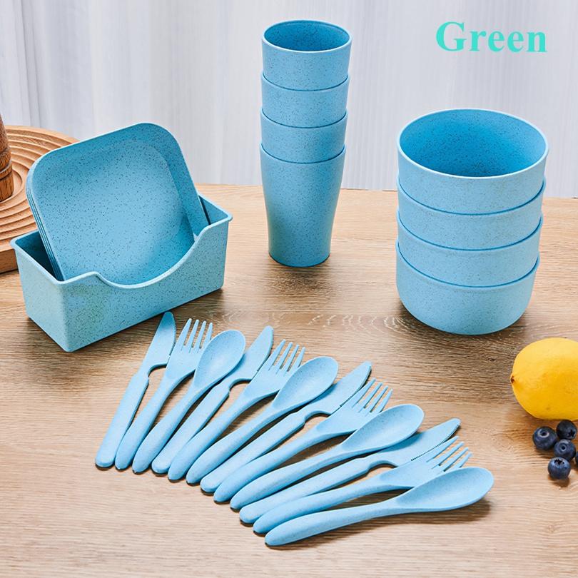 25pcs Portable Travel Plastic Plates and Bowl Sets Wheat Straw Dinnerware Sets, BBQ, Picnic, Camping Essentials Dishes Set