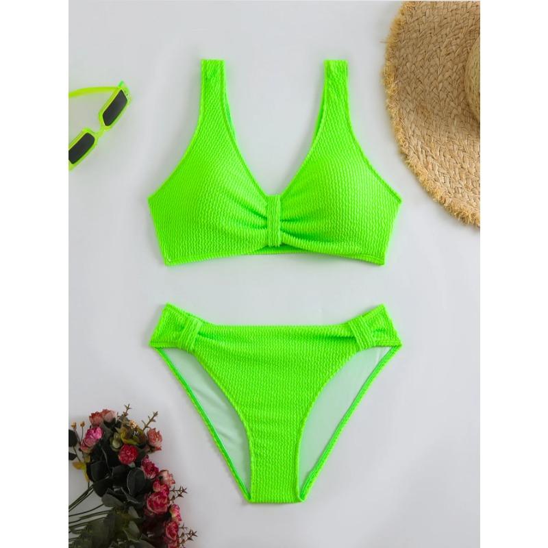 

2025 Summer New Women s 2 Piece Swimsuit Solid Color High Waist Bikini Set V-neck Backless Beach Vacation Bathing Suit Swimwear XL