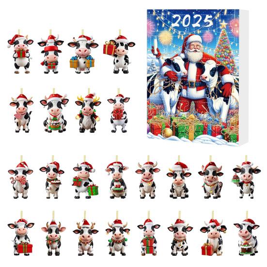 Kraví adventní kalendář 2025 24 dní odpočítávací kalendář do Vánoc s 2D akrylovými závěsnými ozdobami skotské vysočinské krávy Roztomilý kraví přívěsek na vánoční stromeček