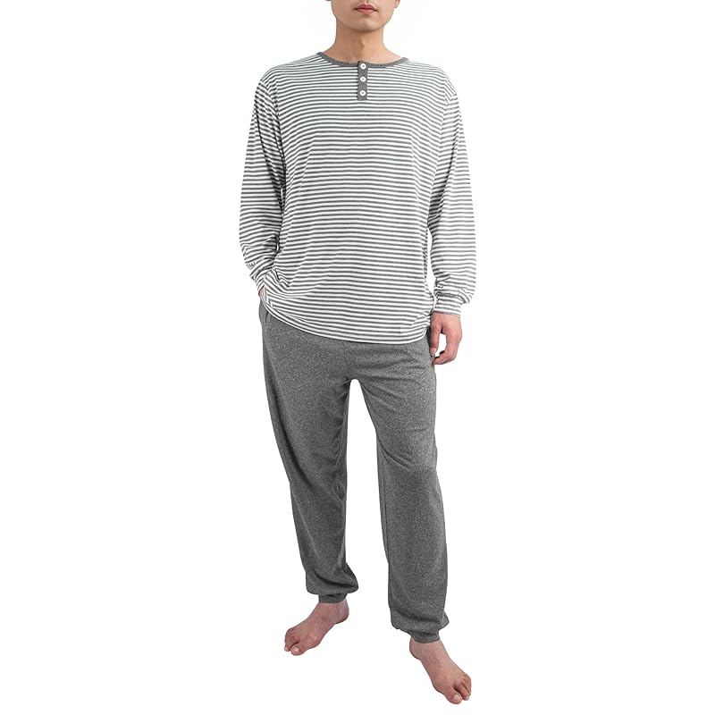

[Yoimira] pajamas men s spring summer long sleeve long pants set striped pattern Thin soft sweat absorption ventilation stretch room wear gentleman