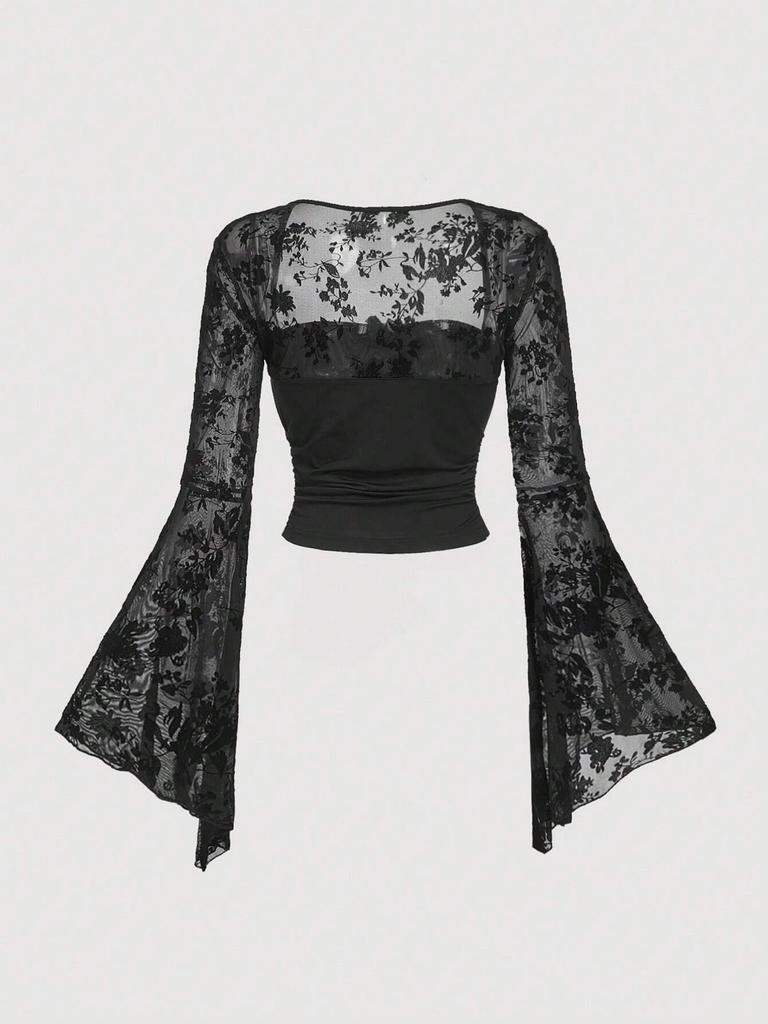 2025 Lace Patchwork Mesh Long-Sleeve Top: Elegant, Sexy, European & American Style