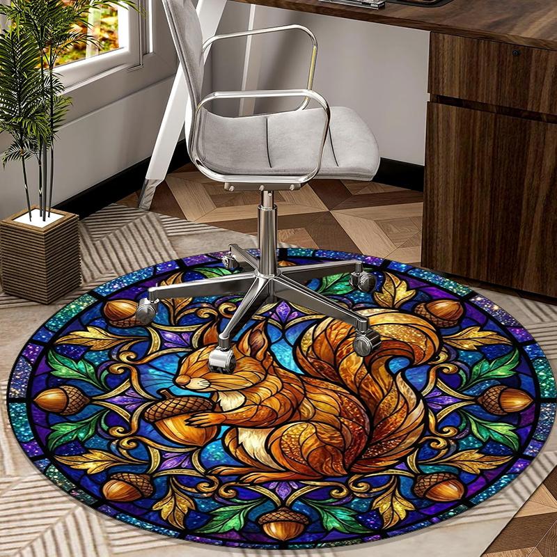 Squirrel And Acorns Stained Glass round carpet Chair cushion Round Entryway Rug, Soft Round Rugs for Living Room, Bedroom, Circle Carpet decor gifts