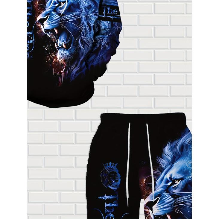 Men's Summer 3D Printed Casual Animal Print Hooded Sweatshirt Set, Fashionable 2pcs Outfit