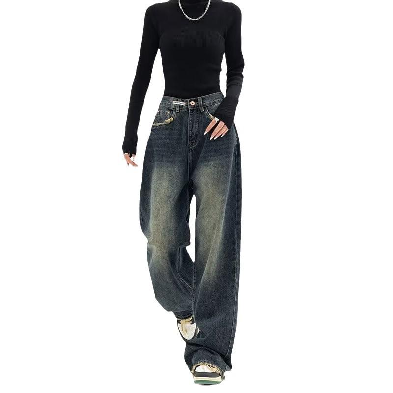 Women's High-Waist Retro Straight Jeans - Spring/Autumn 2025, Plus Size, Floor-Length, Wide Leg, Slimming Fit