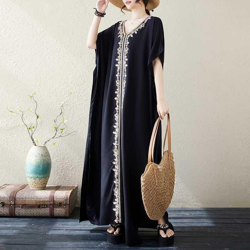 Solid Heavy Embroidery Plus Size Loose V-Neck Pullover Bohemian Vacation Solid Color Long Dresses