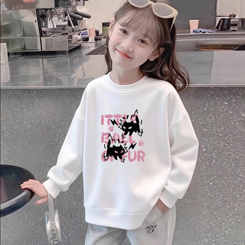 Girls' White Cotton Long-Sleeve Sweatshirt - Loose, Versatile Print Top for Spring/Autumn