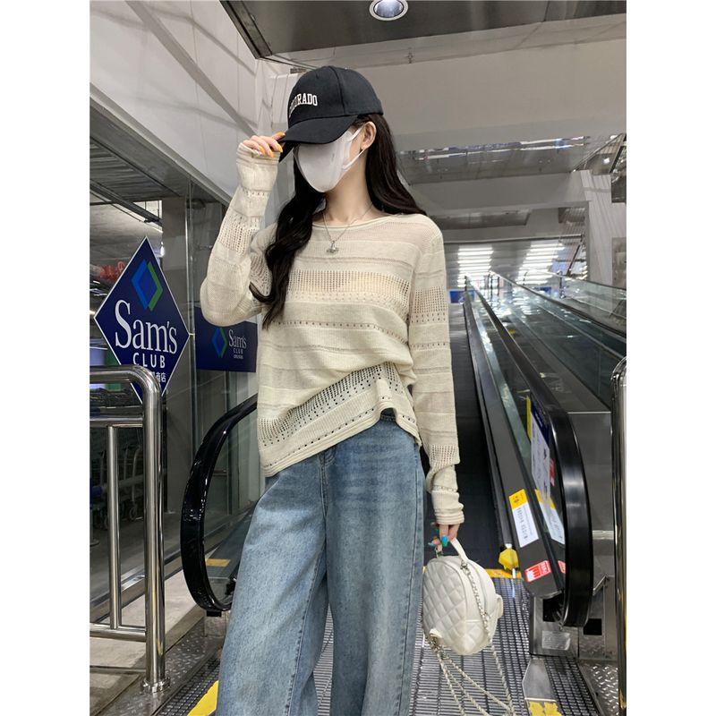 Stylish Thin Hollow Long Sleeves Knitwear Women's Early Autumn Loose Casual Black Blouse Loose Bottoming Tops